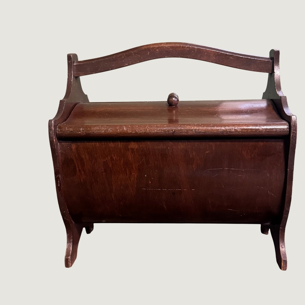 Vintage Wooden Sewing Box Double Lid Carry Handle Scalloped Sides Dark Wood